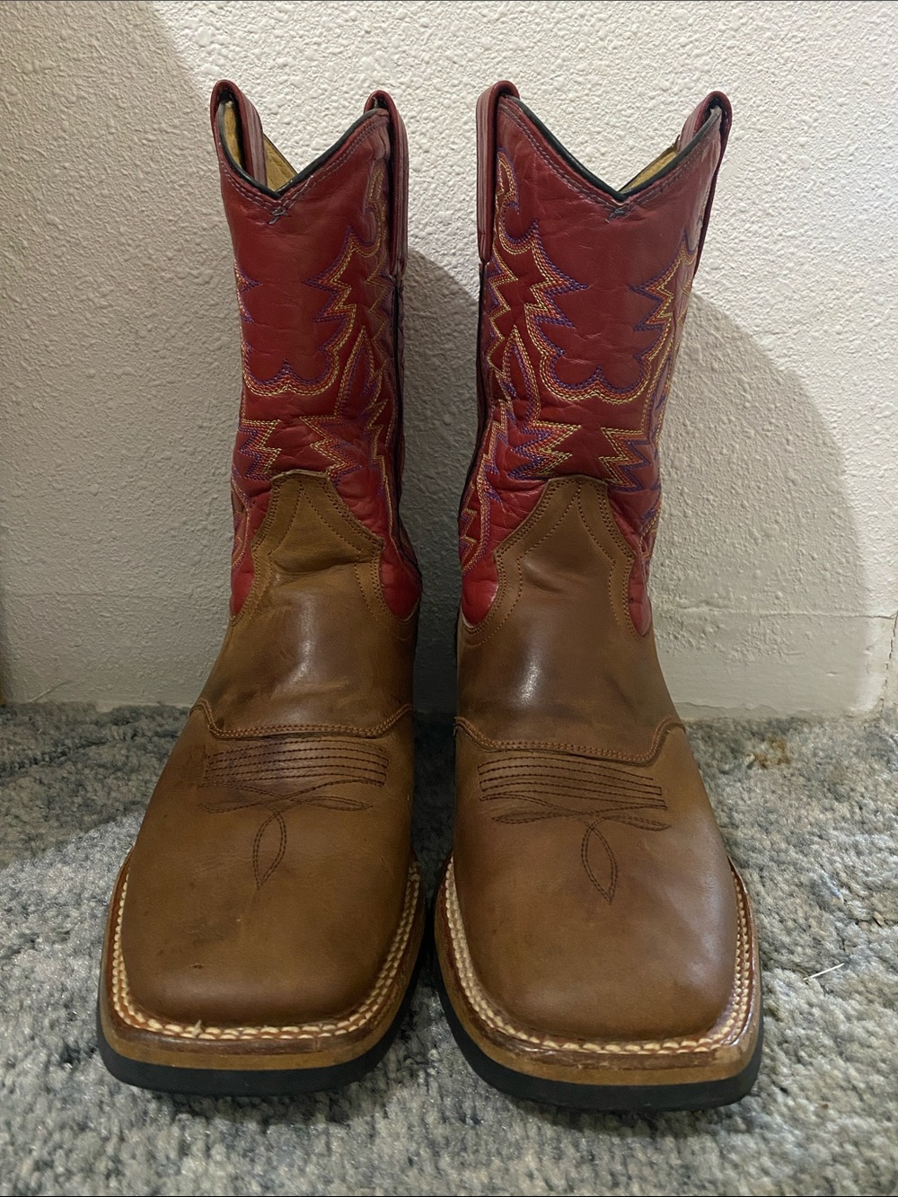 Men's Brown & Red Western Square-Toe Work Boots